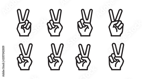 Multiple hands showing the peace sign gesture against a white background in a simple line art style