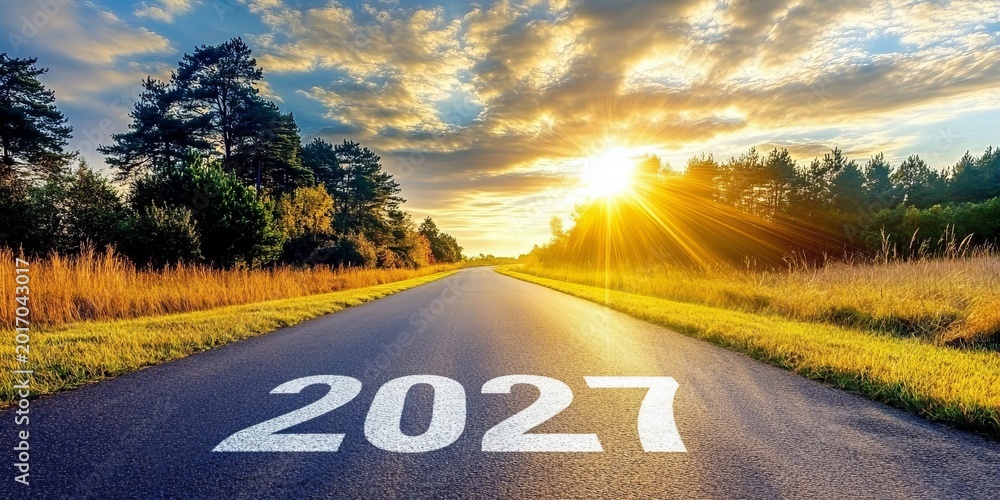 Obraz premium A Scenic Open Asphalt Road Leading Toward a Bright Future with Opportunities for Success Ahead