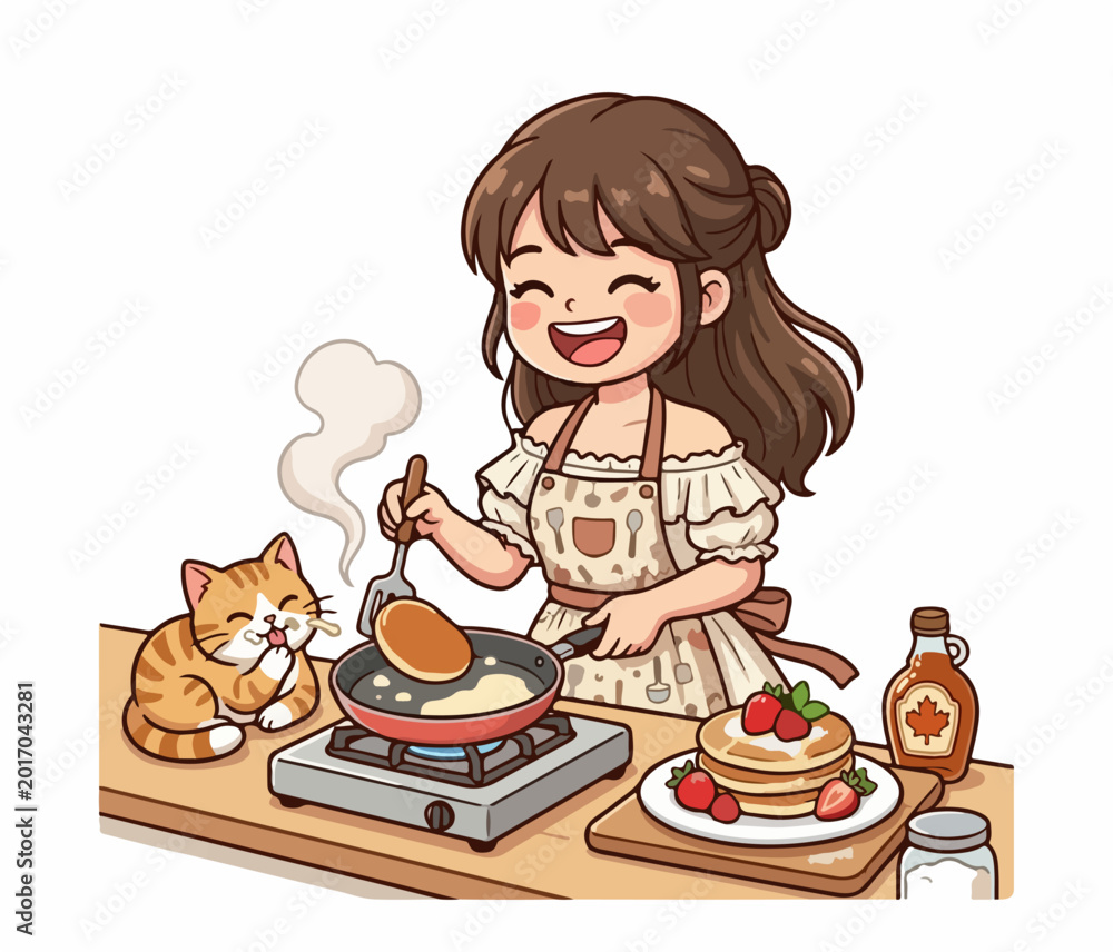 Fototapeta premium Cheerful little girl with apron flipping a pancake on a pan, breakfast with a cute cat, flat vector design.