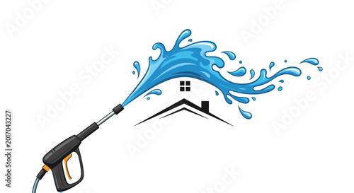 Power washing service logo design showing a pressure washer spray gun blasting water over a simple house roof outline.