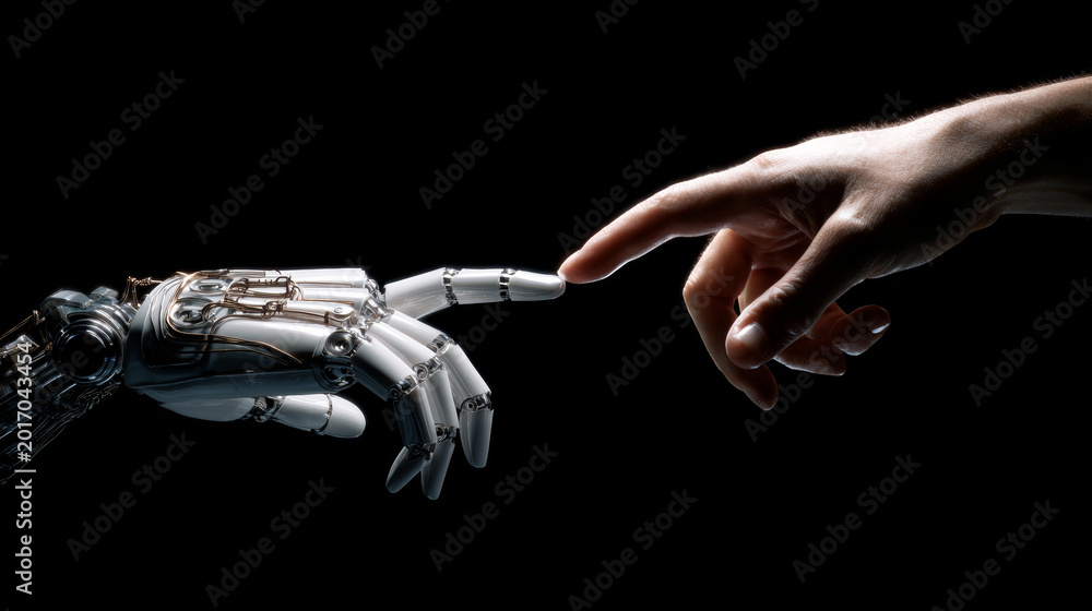 Naklejka premium Robot Hand Touching Human Finger - Artificial Intelligence and Human-Machine Interaction Concept
