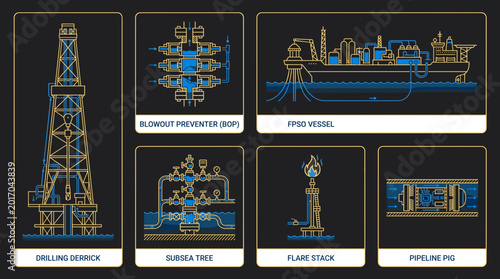 Offshore Oil and Gas Extraction and Processing Equipment Infographic Set with Drilling Derrick, FPSO Vessel, BOP, Subsea Tree, Flare Stack, and Pipeline Pig Icons