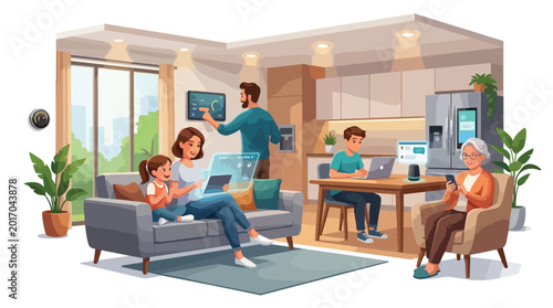 Family members using various smart home electronic devices in a living room.