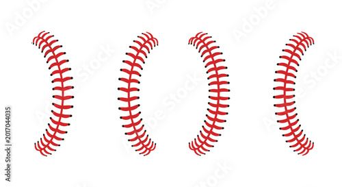 Four sets of red baseball stitching lines in various curves isolated on a white background for sports design elements.