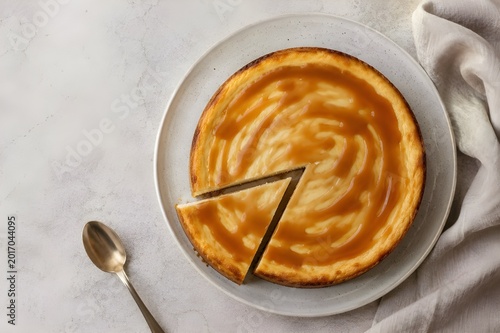 Top View Flat Lay Caramel Cheesecake on Ceramic Plate