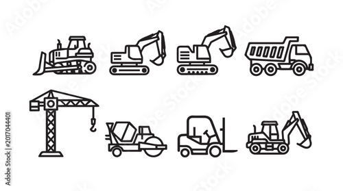 Outline construction vehicle icons set with crane and excavator in simple line art style
