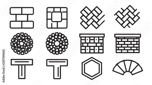 Paving Stone Patterns and Shapes Line Icons Set