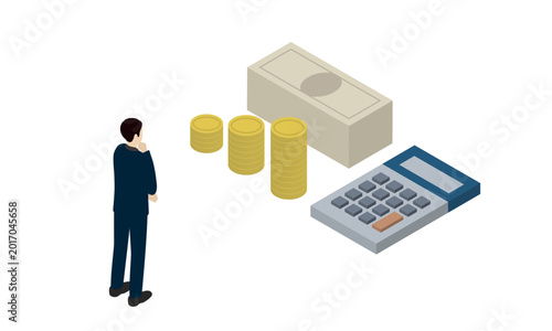 Isometric businessman thinking about money, savings and financial planning with calculator and cash