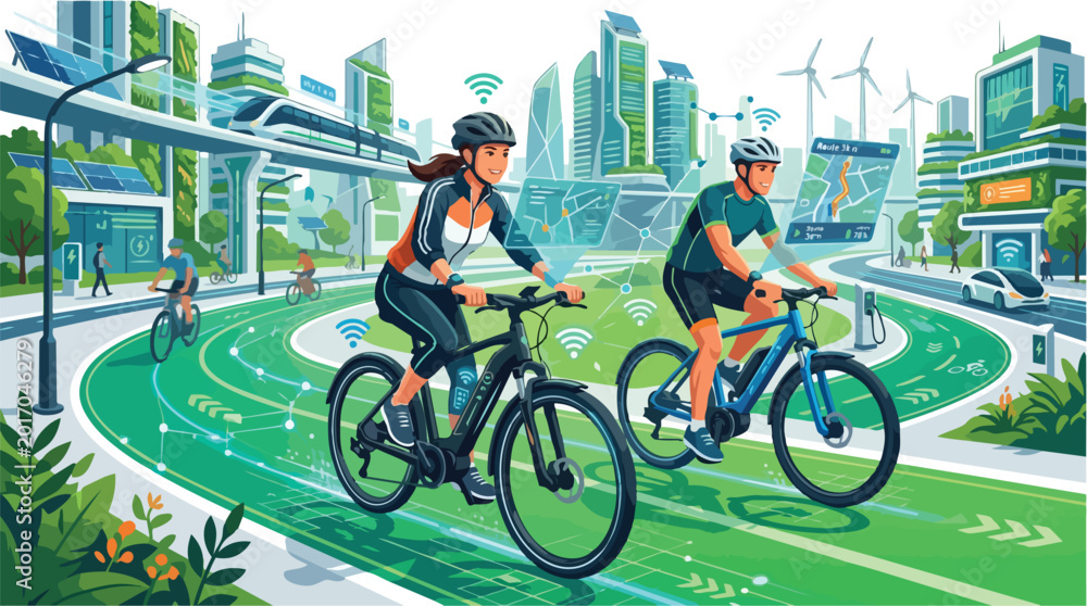 Fototapeta premium A woman and a man riding bicycles along a path.