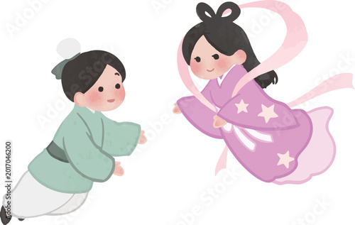 Flat Orihime and Hikoboshi Vector Illustration｜織姫と彦星のフラットな七夕イラスト