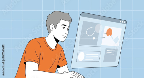 Young man using computer with digital data interface, analytics display