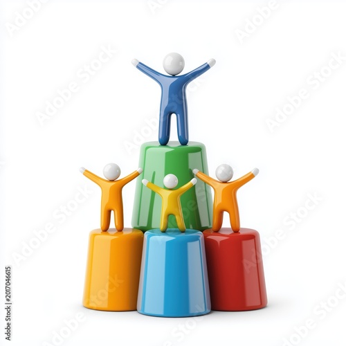 A blue cartoon character stands triumphantly on top of a green cylinder, with three other characters on orange, light blue, and red cylinders, conveying a sense of teamwork and success.