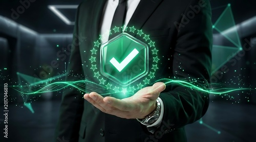 Man in a Suit Offers a Digital Badge of Approval with a Checkmark and Stars, Symbolizing Quality and Success