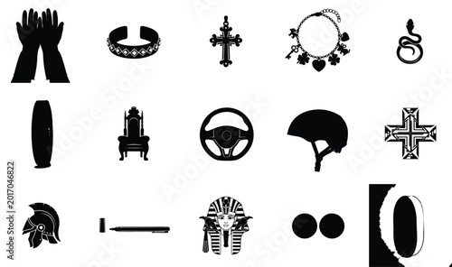 Collection of various jewelry and accessory icons in black silhouette on white background for design and branding