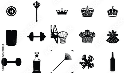 Black icons set in flat style for business and sports on white background, modern minimalist design for branding