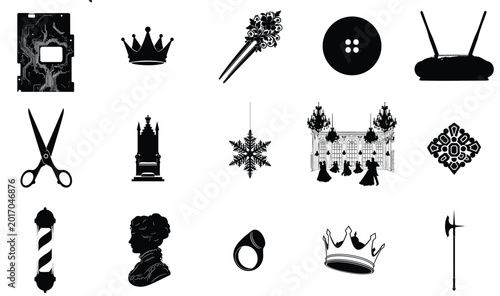 Collection of barber shop icons in black silhouette on white background for branding