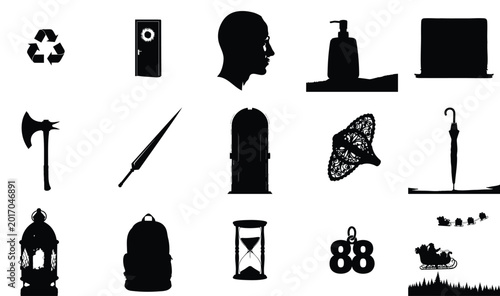 Black silhouette icons set in minimalist style with dark shadows on white background for business branding