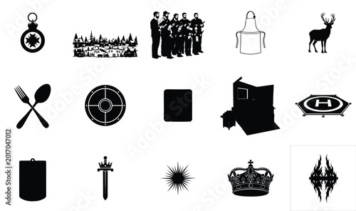 Black silhouettes icons set in minimalist style with dark shadows for design elements