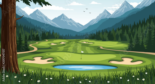 Photos Scenic mountain valley golf course with lush green fairways, sand traps, and a t