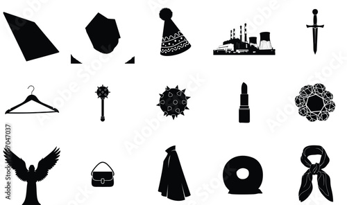 Collection of various fashion and religious black silhouettes on white background for design and branding