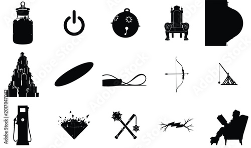 Black icons set in various shapes and designs on white background for business presentation