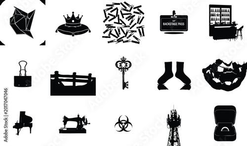 Black icons set of sewing and fashion design tools in minimalist style with bold lines for creative projects