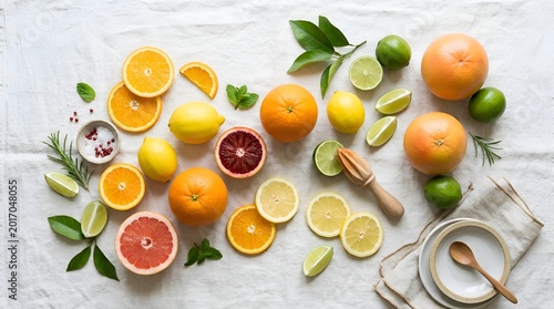 Citrus fruits assortment on white tablecloth - healthy eating concept