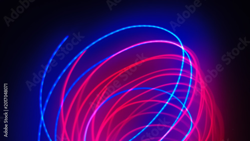 Photography Vibrant neon light trails in pink and blue swirl gracefully against a dark background, creating a dynamic, futuristic abstract composition