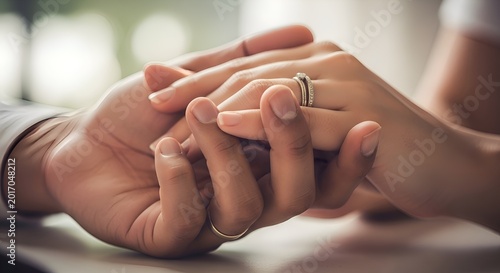 Couple's Hands Interlocked, Rings on Display: Love and Commitment