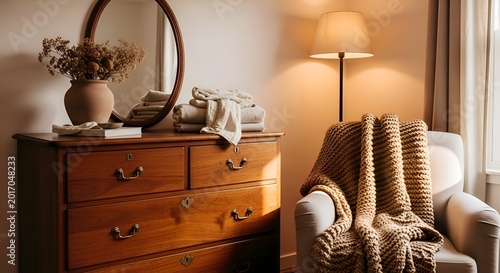 Cozy bedroom interior with wooden chest and soft textiles