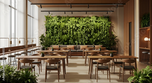 Modern cafe interior with a vibrant green living wall, wooden furniture, and natural light, creating a fresh and inviting atmosphere