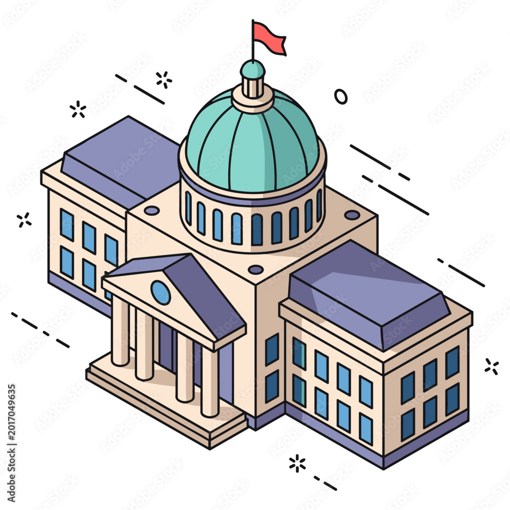 Fototapeta premium Isometric illustration of government building with dome and columns