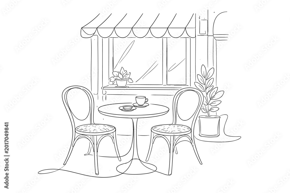 Fototapeta premium Minimal line art of a cozy outdoor café table with two chairs, coffee cup and pastry, beside a storefront window with awning and potted plants