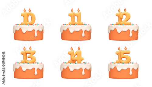 3D Birthday Cakes with Numbers 10 to 15. Set of celebration cake icons for anniversary parties, greeting cards and festive design.