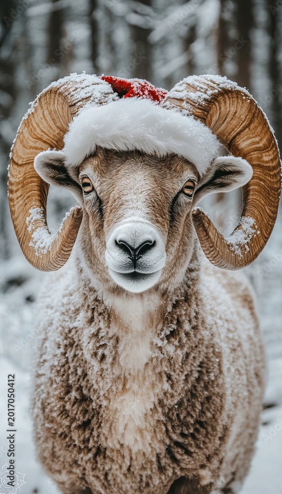 Obraz premium Majestic Ram with Curled Horns Wearing a Festive Santa Hat in a Snowy Winter Wonderland Scene