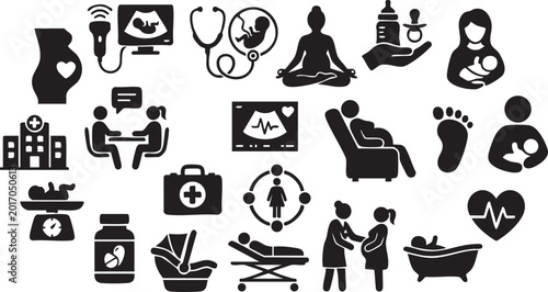 Set of pregnancy and maternity icons showing various stages from prenatal care to newborn baby, birthing process