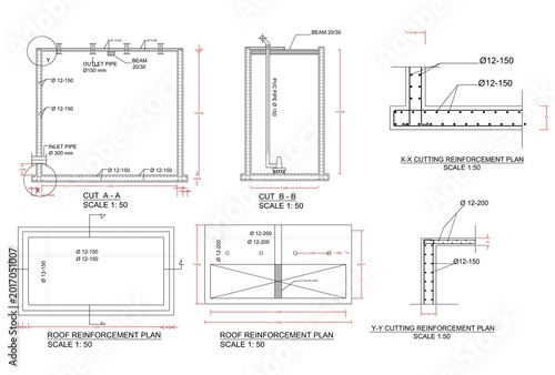 Canvas Print AutoCAD 2D Section Detail of Intake Weir Water Supply System