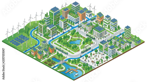 Isometric Green City Eco Friendly Urban Infrastructure Illustration.