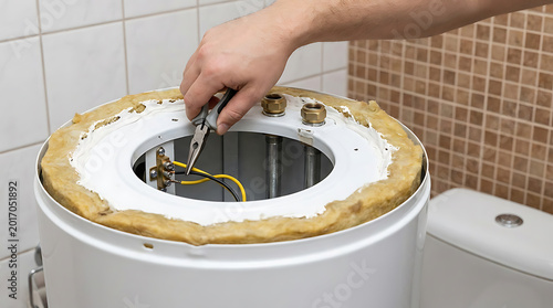 Technician using needle-nose pliers to repair the electrical wiring of a domestic water heater boiler in a bathroom