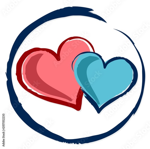 Round symbol with red and blue hearts.