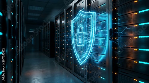 Cybersecurity shield with a digital lock symbol glows protectively over rows of glowing server racks in a modern data center environment.