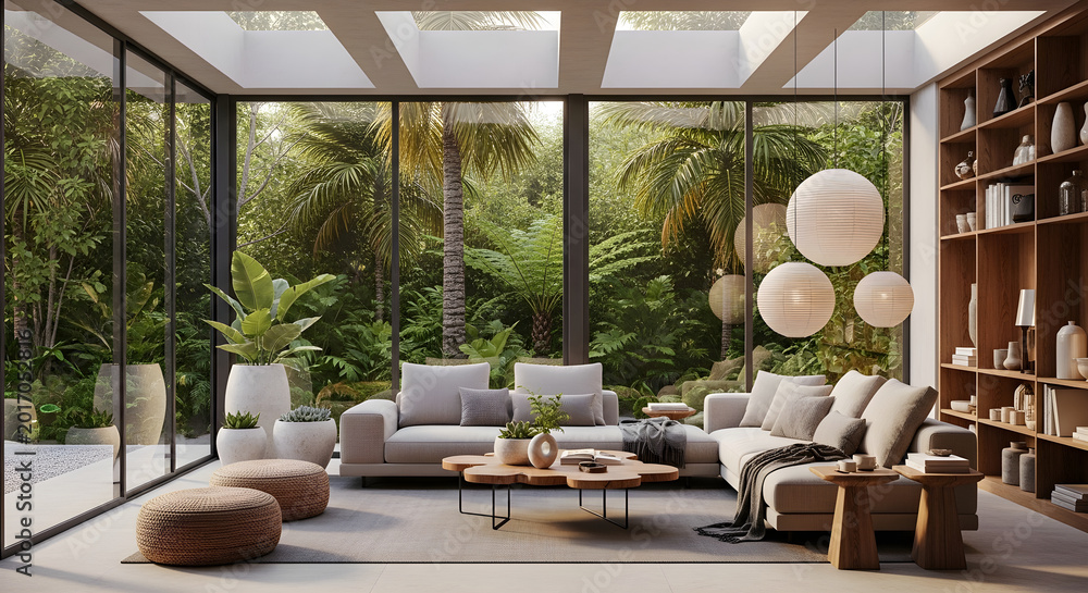 Fototapeta premium Contemporary living room with floortoceiling windows and lush tropical garden view