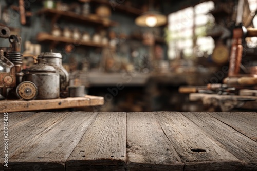 Rustic Wooden Table with Blurred Vintage Workshop Background.