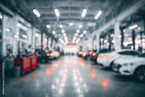 Blurred background of a modern car service station with vehicles and equipment.