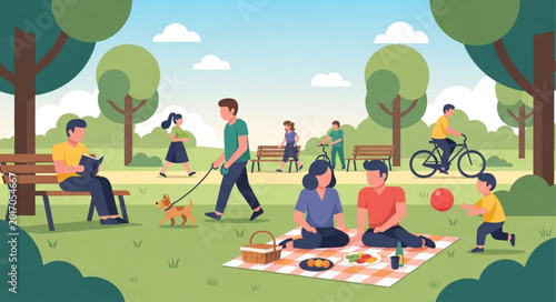 Foto People enjoying a sunny day at the park with trees and picnic.
