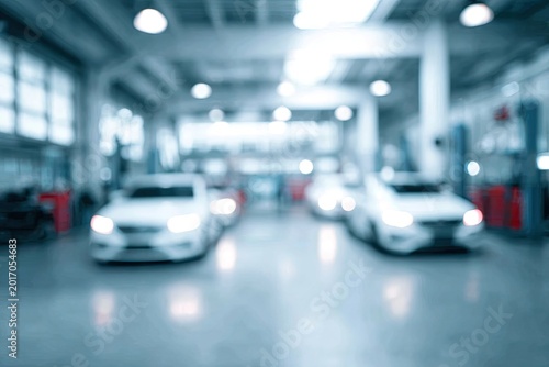 Blurred background of a modern car service station with vehicles inside.