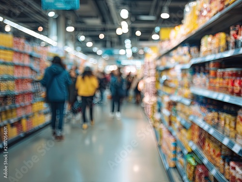 Blurred background of people shopping in a modern supermarket aisle with shelves full of products.