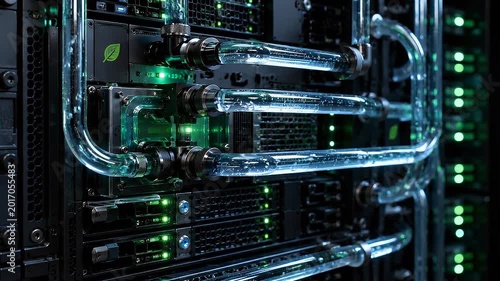 Sustainable data center cooling system with transparent liquid pipe tubing and green indicator status lights for efficient high performance server