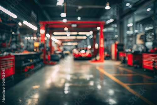 Blurred Background of a Modern Car Repair Shop with Lifts and Tools.