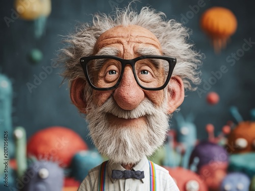 Happy cartoon old man with glasses, beard, and suspenders.